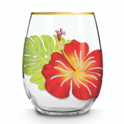 Holiday Coastal Stemless Wine Glass: Floral Monstera
