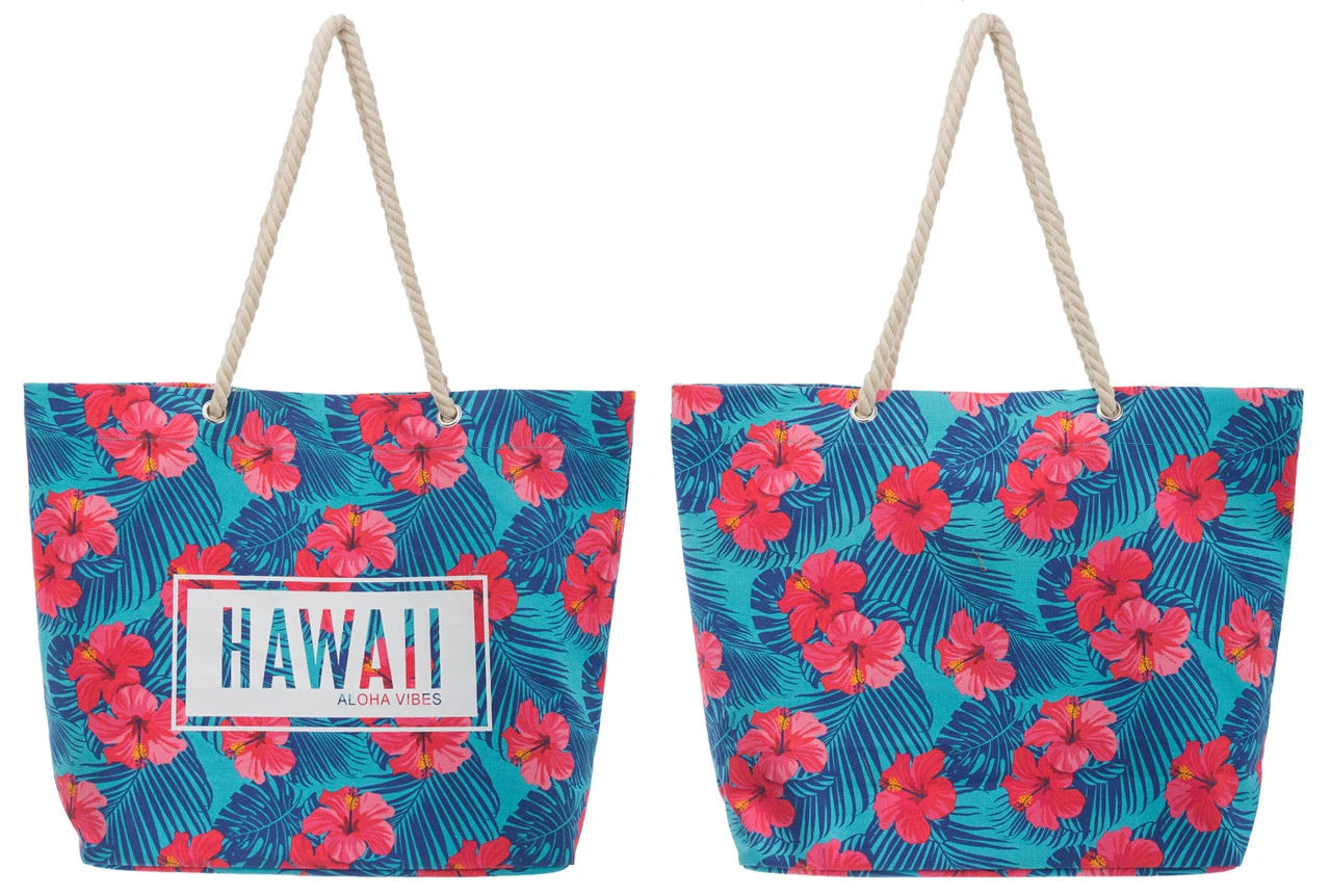 ROBIN RUTH® Rope Handle Tote Bag: Pink Hibiscus