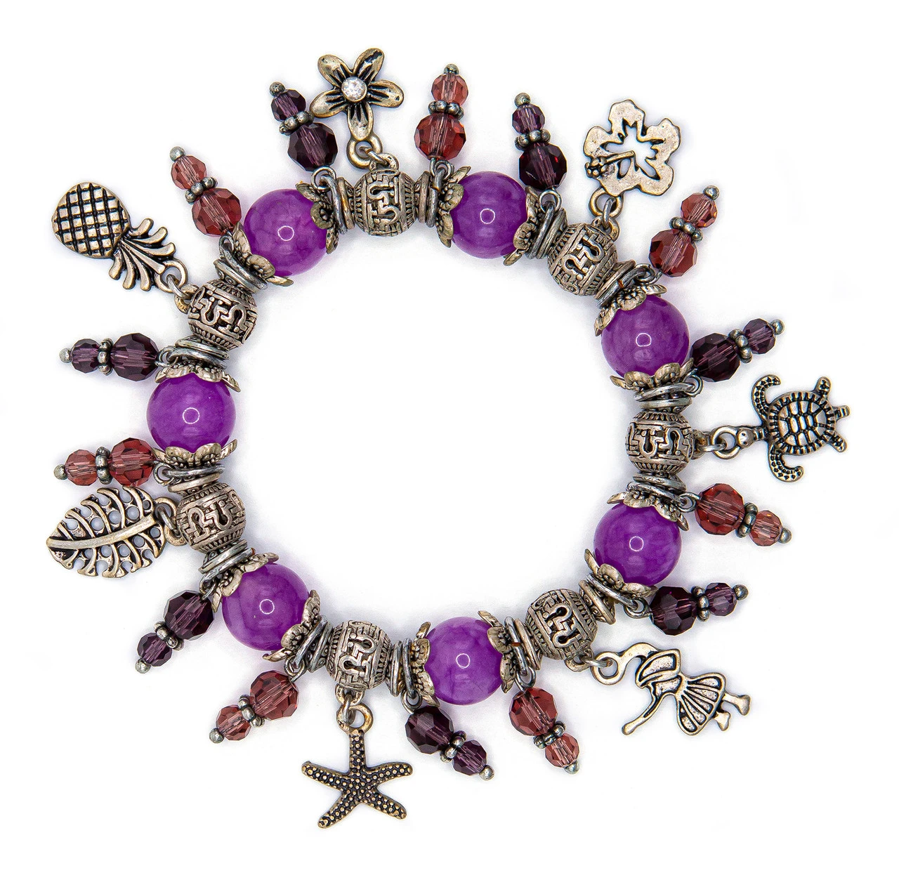 Solid Tone Stone Beads Charm Bracelet By Aloha 808: Purple