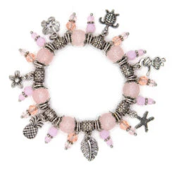 Solid Tone Stone Beads Charm Bracelet By Aloha 808: Pink