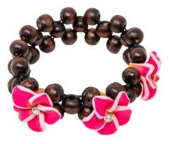 Three Plumeria Wood Bead Bracelet: Pink