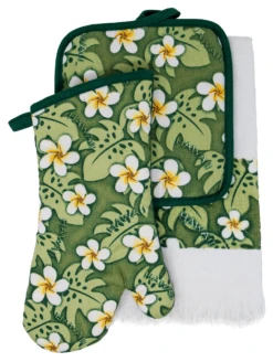 3-Piece Kitchen Set: Green Plumeria