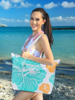 Hawaii Loa Tyvek Water Resistant Tote Bag: White And Turquoise Hibiscus