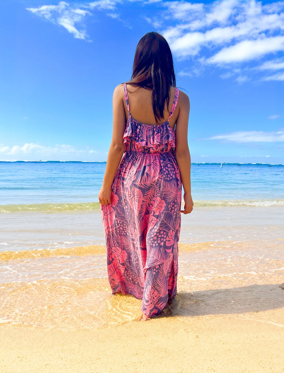 Napua Collection Ruffle Maxi Dress - Monstera Palm: Pink - Image 2