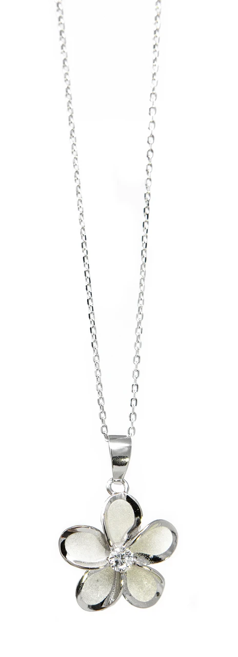 Moana Collection Sterling Silver Necklace: Solid Plumeria Pendant