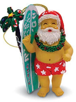 Polyresin Christmas Ornament: Surfboard Santa