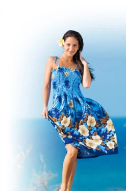 Ladies Elastic Tube Dress - Hibiscus Palm: Blue